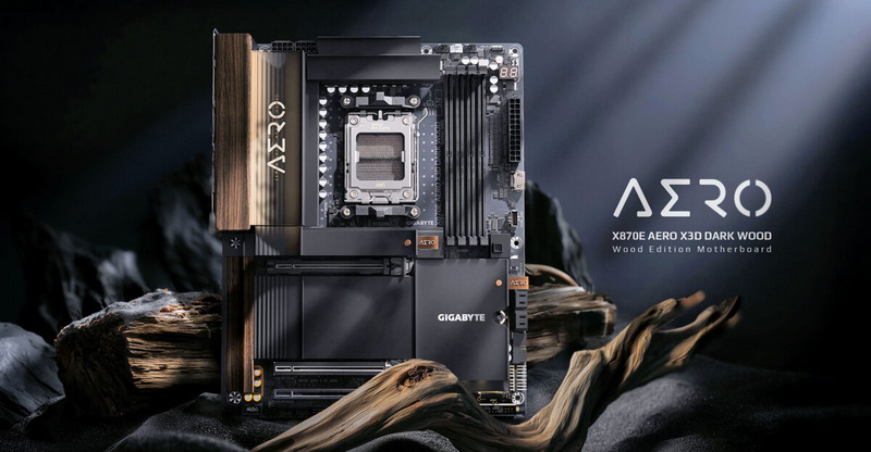 Gigabyte a prezentat placa X870E Aero X3D Dark Wood într-un design care amintește de lemnul întunecat